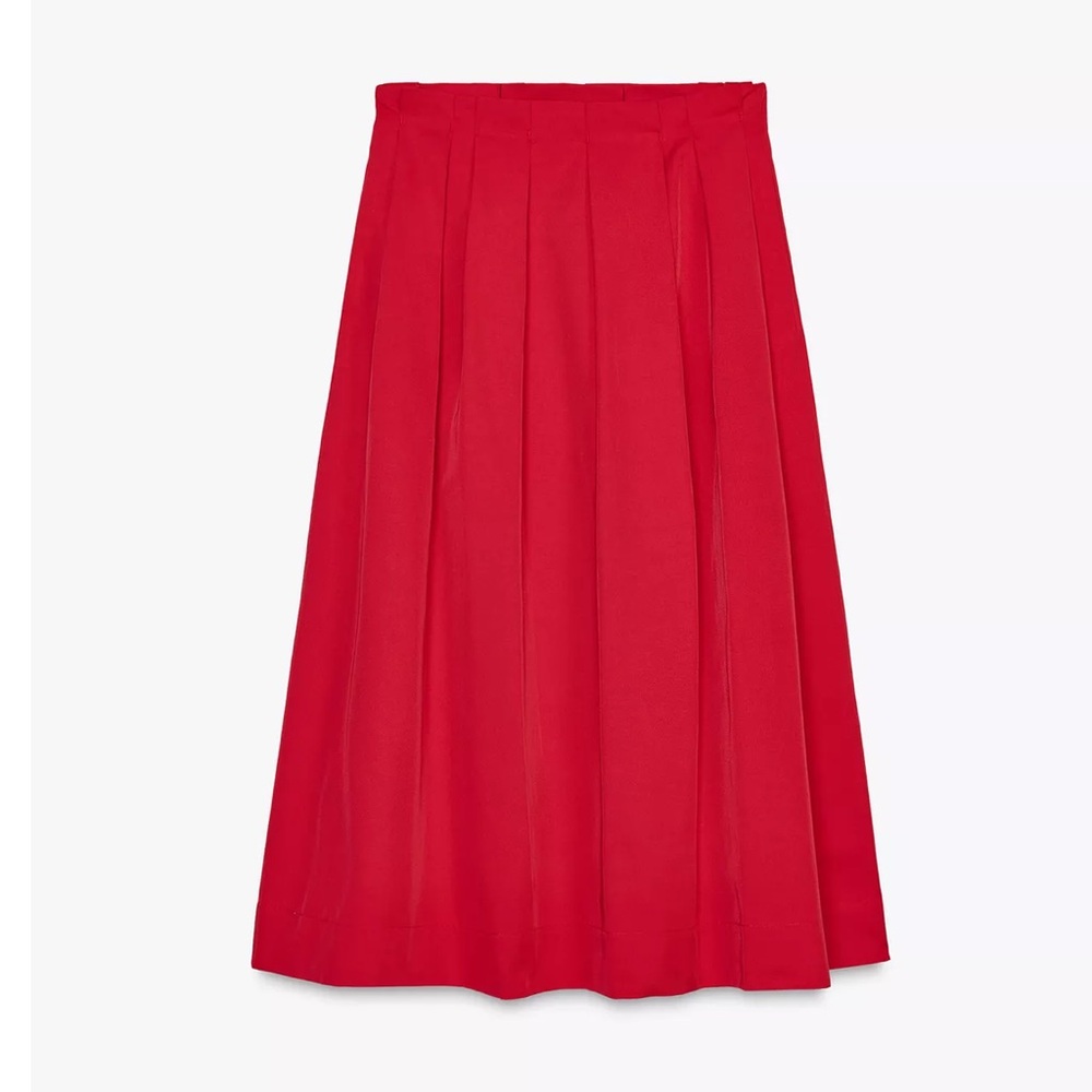 NEW Zara Red Midi A-Line Pleated Skirt
